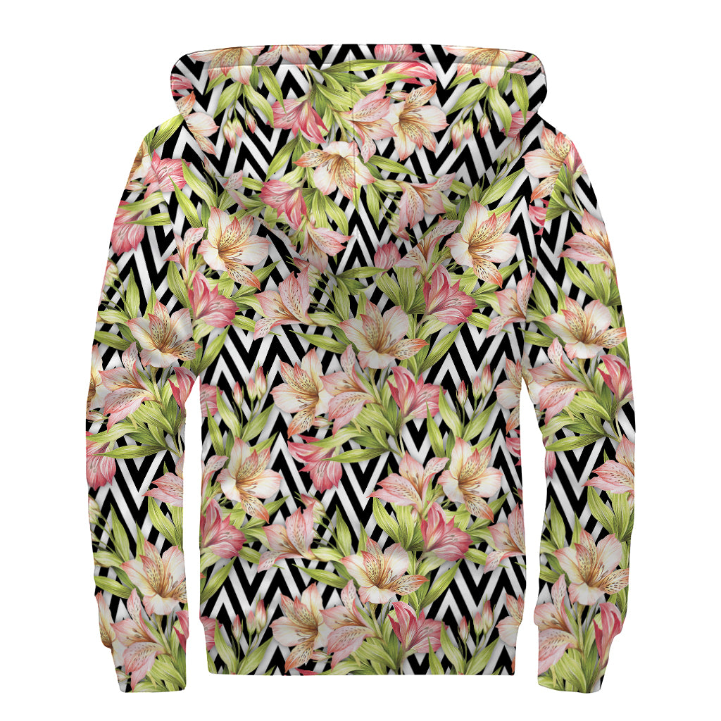 Pastel Alstroemeria Zigzag Pattern Print Sherpa Lined Zip Up Hoodie