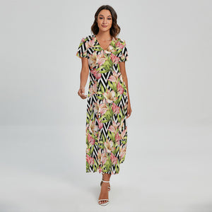 Pastel Alstroemeria Zigzag Pattern Print Short Sleeve Maxi Dress