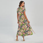 Pastel Alstroemeria Zigzag Pattern Print Short Sleeve Maxi Dress