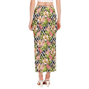 Pastel Alstroemeria Zigzag Pattern Print Side Slit Maxi Skirt