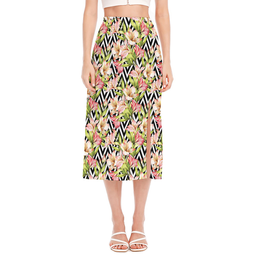 Pastel Alstroemeria Zigzag Pattern Print Side Slit Midi Skirt