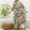 Pastel Alstroemeria Zigzag Pattern Print Silk V-Neck Kaftan Dress