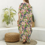 Pastel Alstroemeria Zigzag Pattern Print Silk V-Neck Kaftan Dress