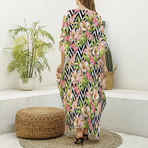 Pastel Alstroemeria Zigzag Pattern Print Silk V-Neck Kaftan Dress