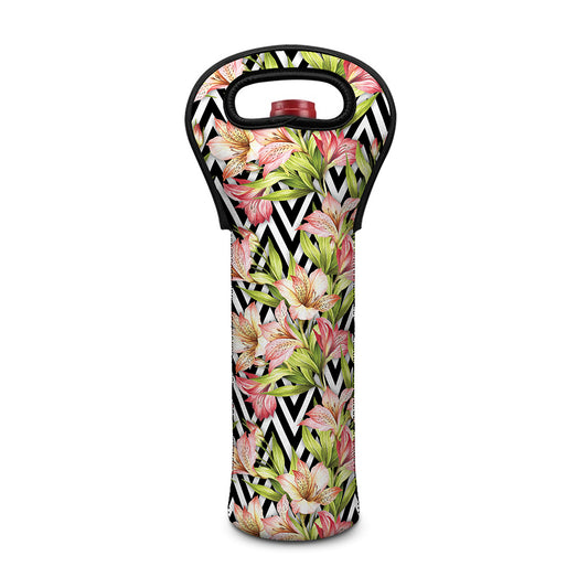 Pastel Alstroemeria Zigzag Pattern Print Single Neoprene Wine Tote