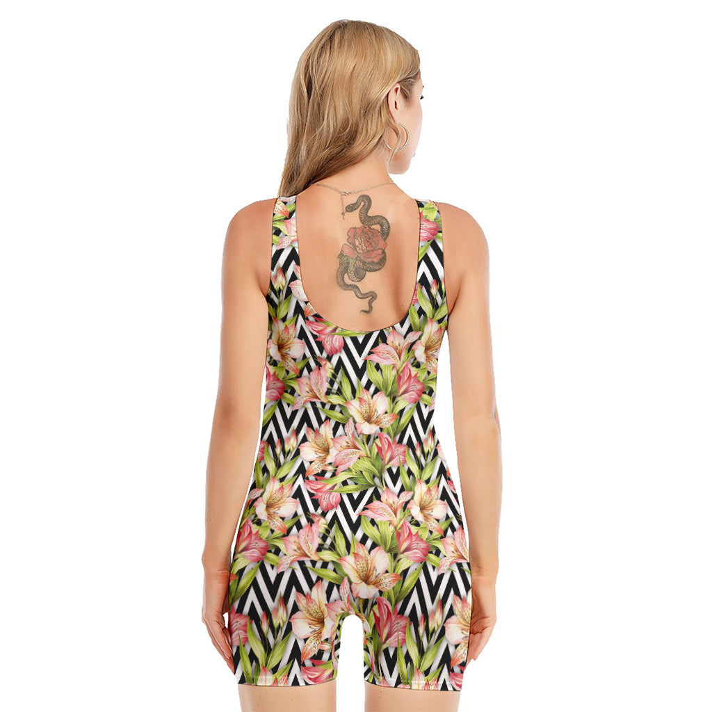 Pastel Alstroemeria Zigzag Pattern Print Sleeveless One Piece Swimsuit