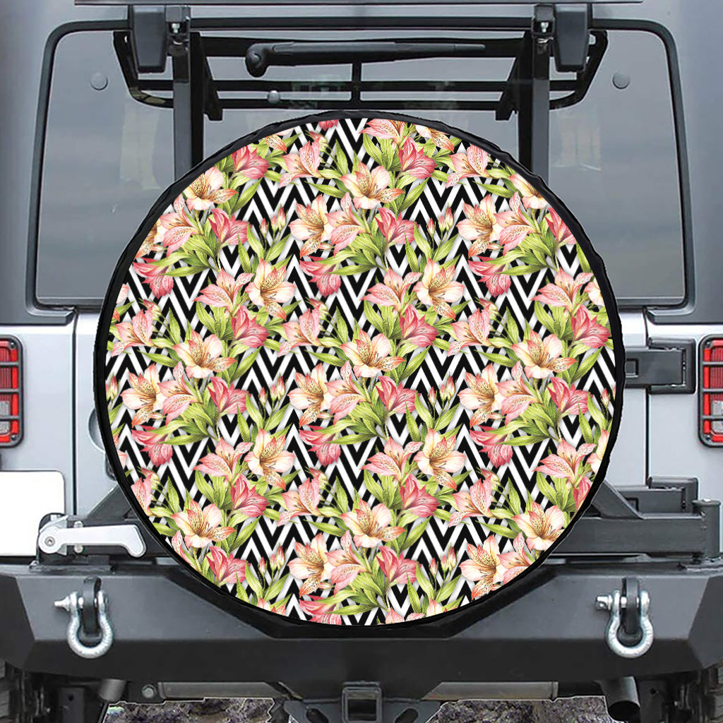 Pastel Alstroemeria Zigzag Pattern Print Tire Cover