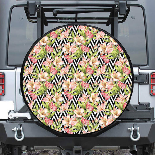 Pastel Alstroemeria Zigzag Pattern Print Tire Cover