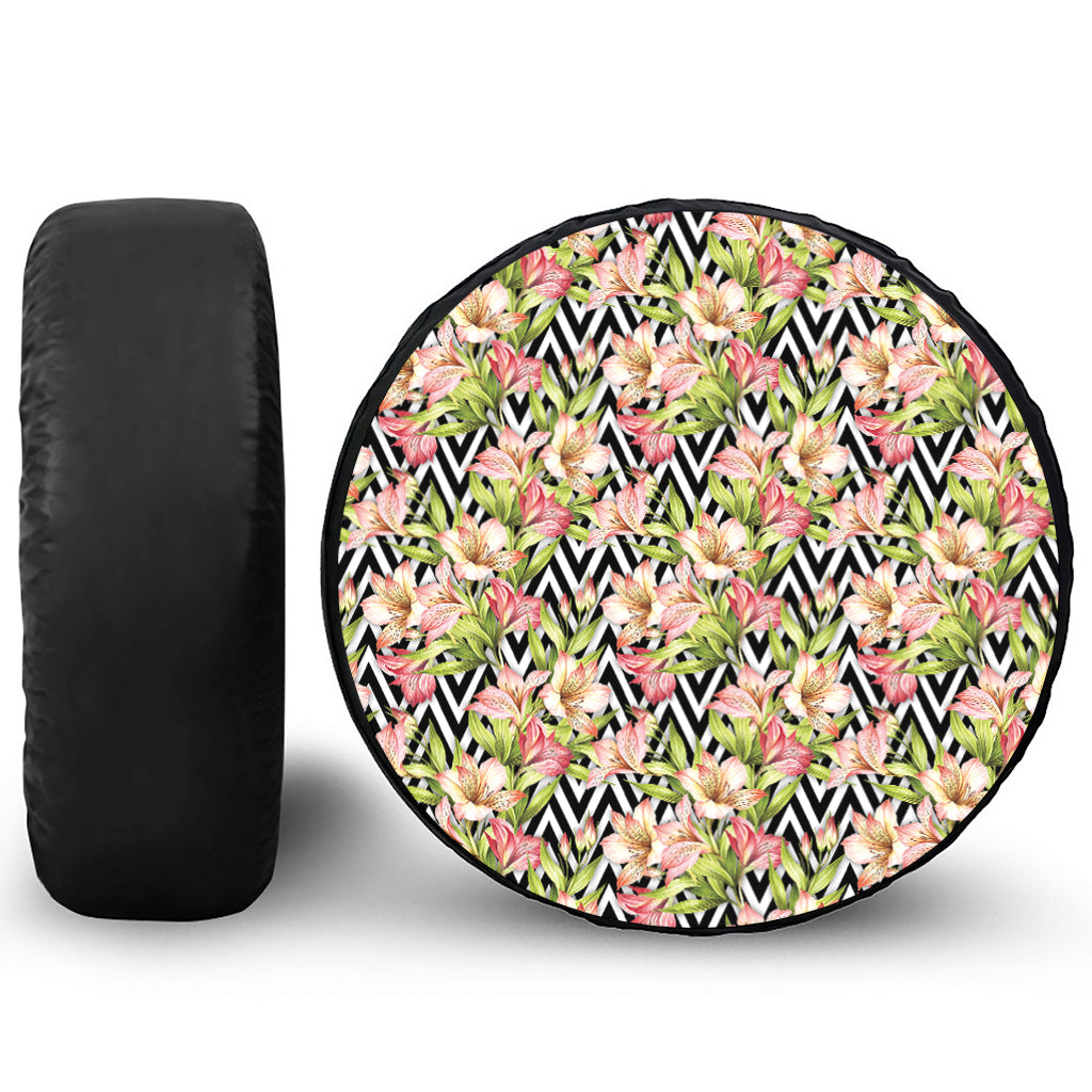Pastel Alstroemeria Zigzag Pattern Print Tire Cover