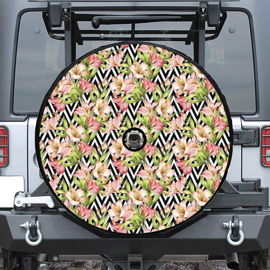 Pastel Alstroemeria Zigzag Pattern Print Tire Cover With Camera Hole