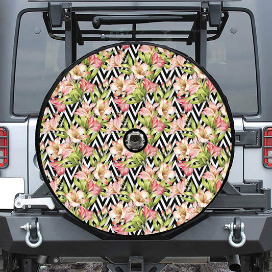 Pastel Alstroemeria Zigzag Pattern Print Tire Cover With Camera Hole