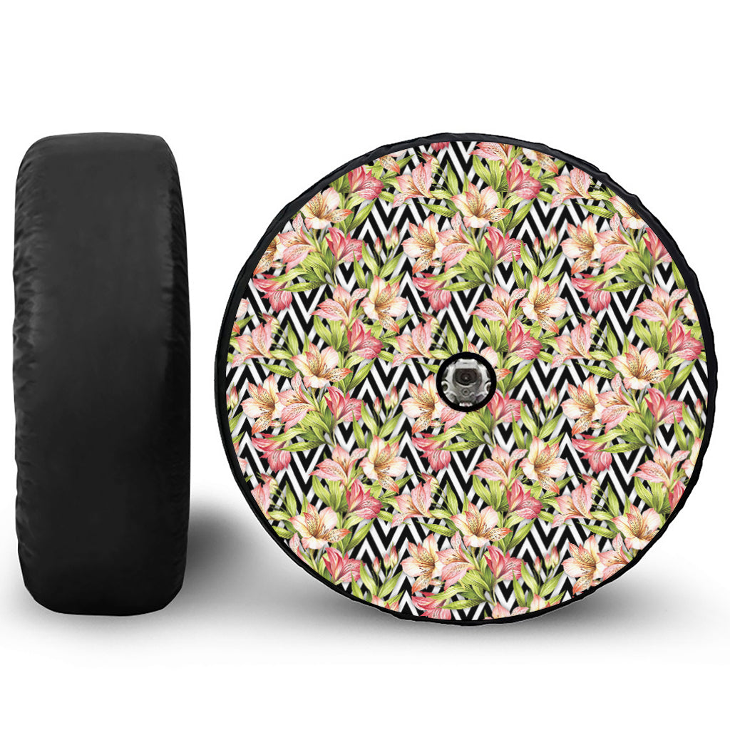 Pastel Alstroemeria Zigzag Pattern Print Tire Cover With Camera Hole