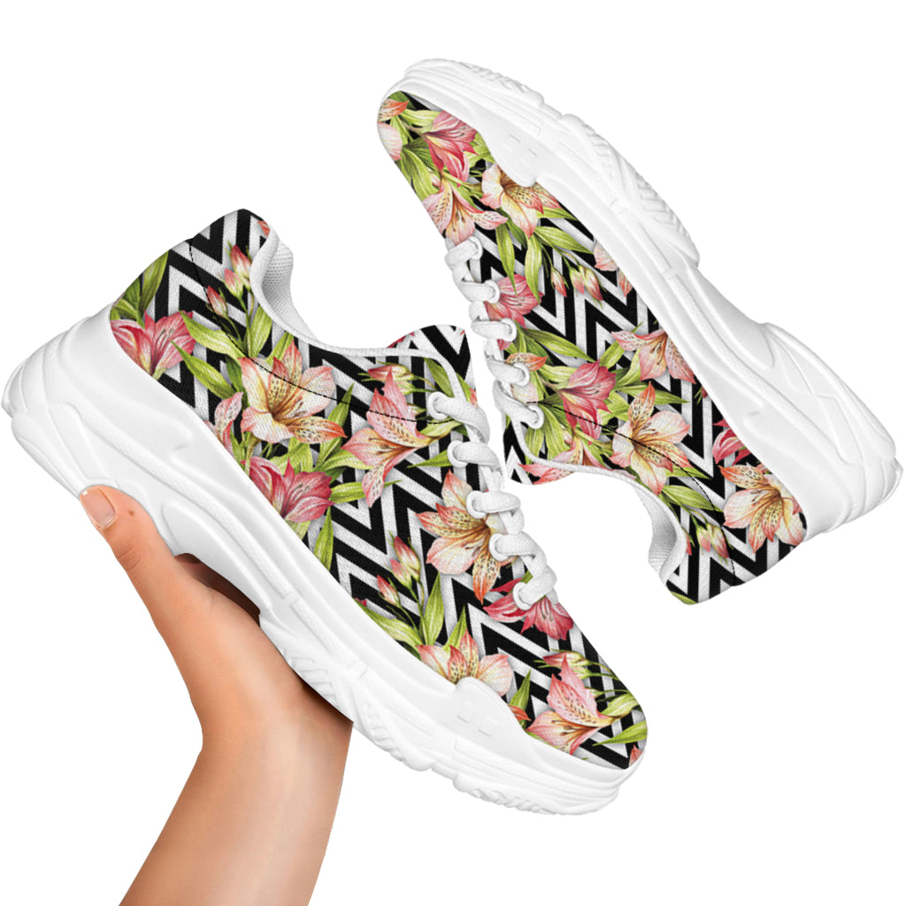 Pastel Alstroemeria Zigzag Pattern Print White Chunky Shoes