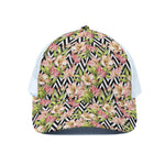 Pastel Alstroemeria Zigzag Pattern Print White Mesh Trucker Cap