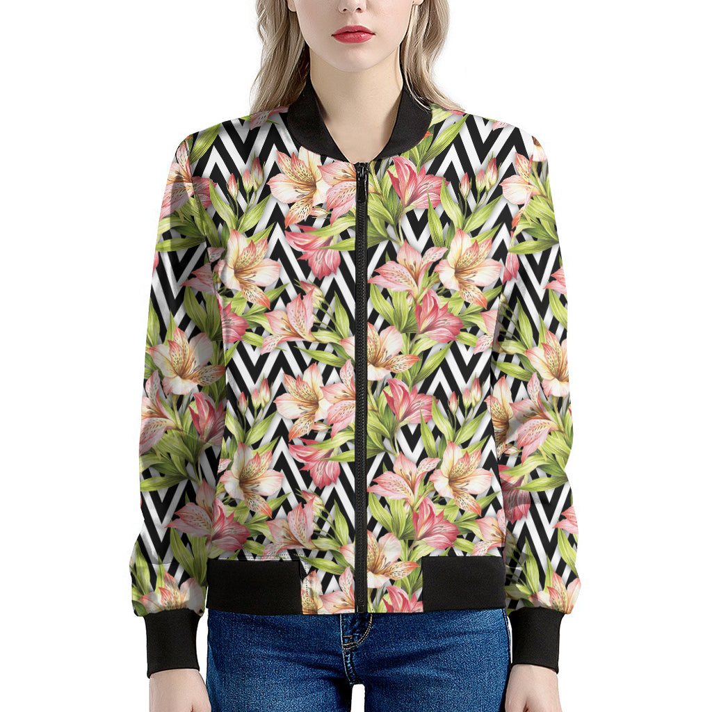 Pastel Alstroemeria Zigzag Pattern Print Women's Bomber Jacket