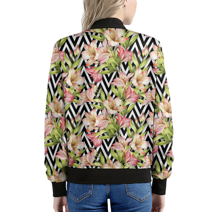 Pastel Alstroemeria Zigzag Pattern Print Women's Bomber Jacket