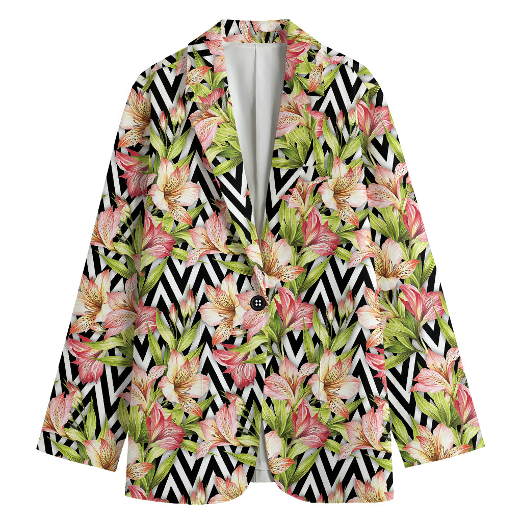 Pastel Alstroemeria Zigzag Pattern Print Women's Cotton Blazer