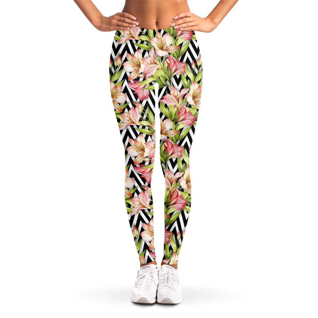 Pastel Alstroemeria Zigzag Pattern Print Women's Leggings