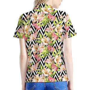 Pastel Alstroemeria Zigzag Pattern Print Women's Polo Shirt