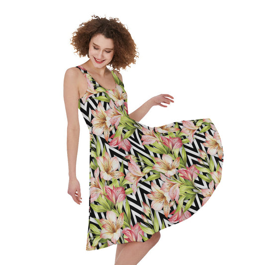 Pastel Alstroemeria Zigzag Pattern Print Women's Sleeveless Dress