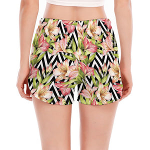 Pastel Alstroemeria Zigzag Pattern Print Women's Split Running Shorts