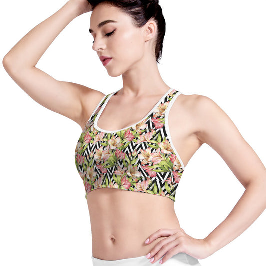 Pastel Alstroemeria Zigzag Pattern Print Women's Sports Bra