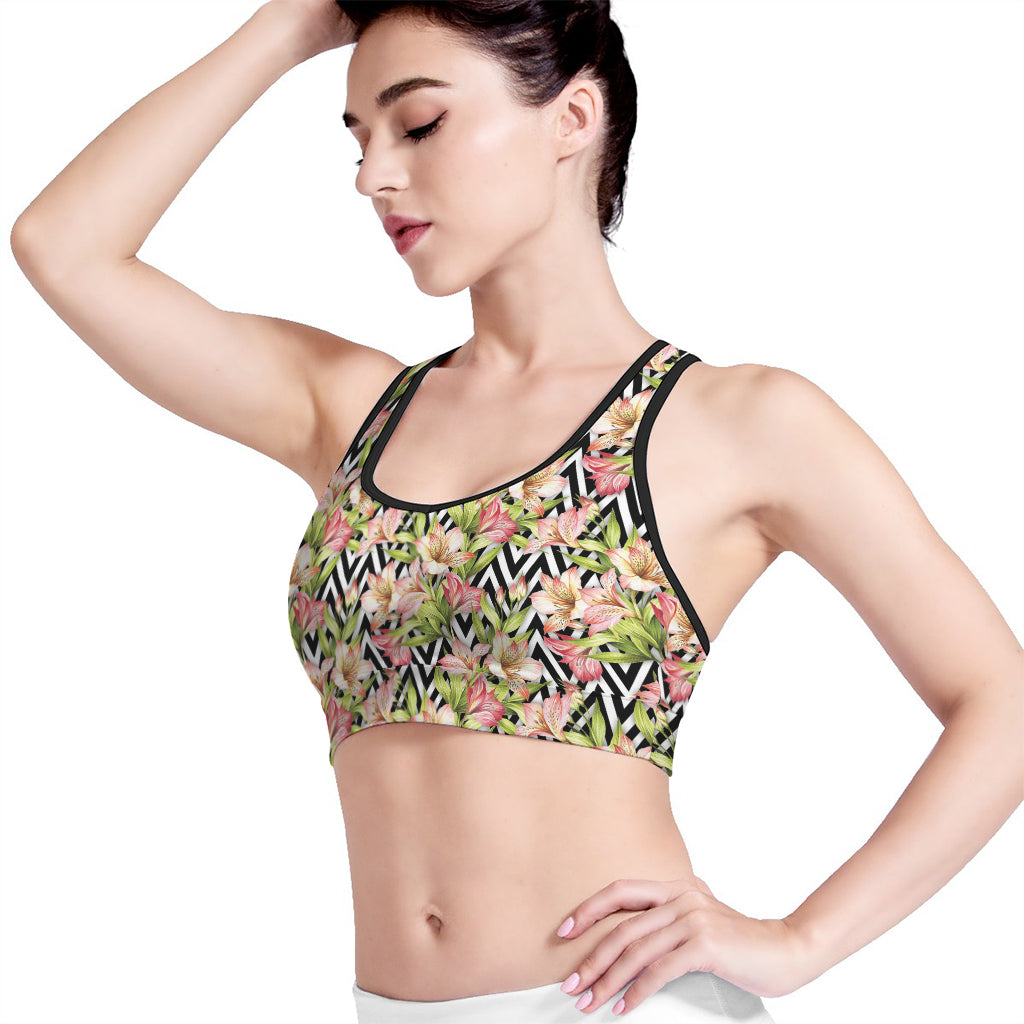 Pastel Alstroemeria Zigzag Pattern Print Women's Sports Bra