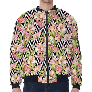 Pastel Alstroemeria Zigzag Pattern Print Zip Sleeve Bomber Jacket