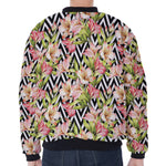 Pastel Alstroemeria Zigzag Pattern Print Zip Sleeve Bomber Jacket