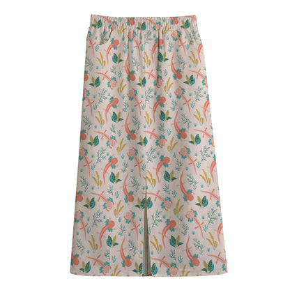 Pastel Axolotl Pattern Print Cotton Front Slit Maxi Skirt