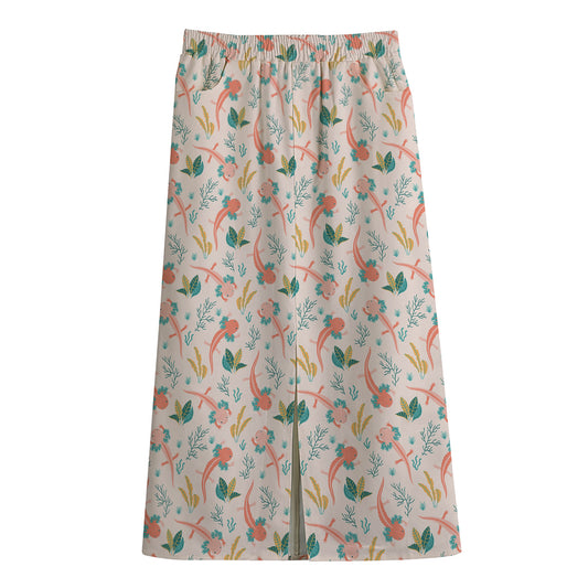 Pastel Axolotl Pattern Print Cotton Front Slit Maxi Skirt