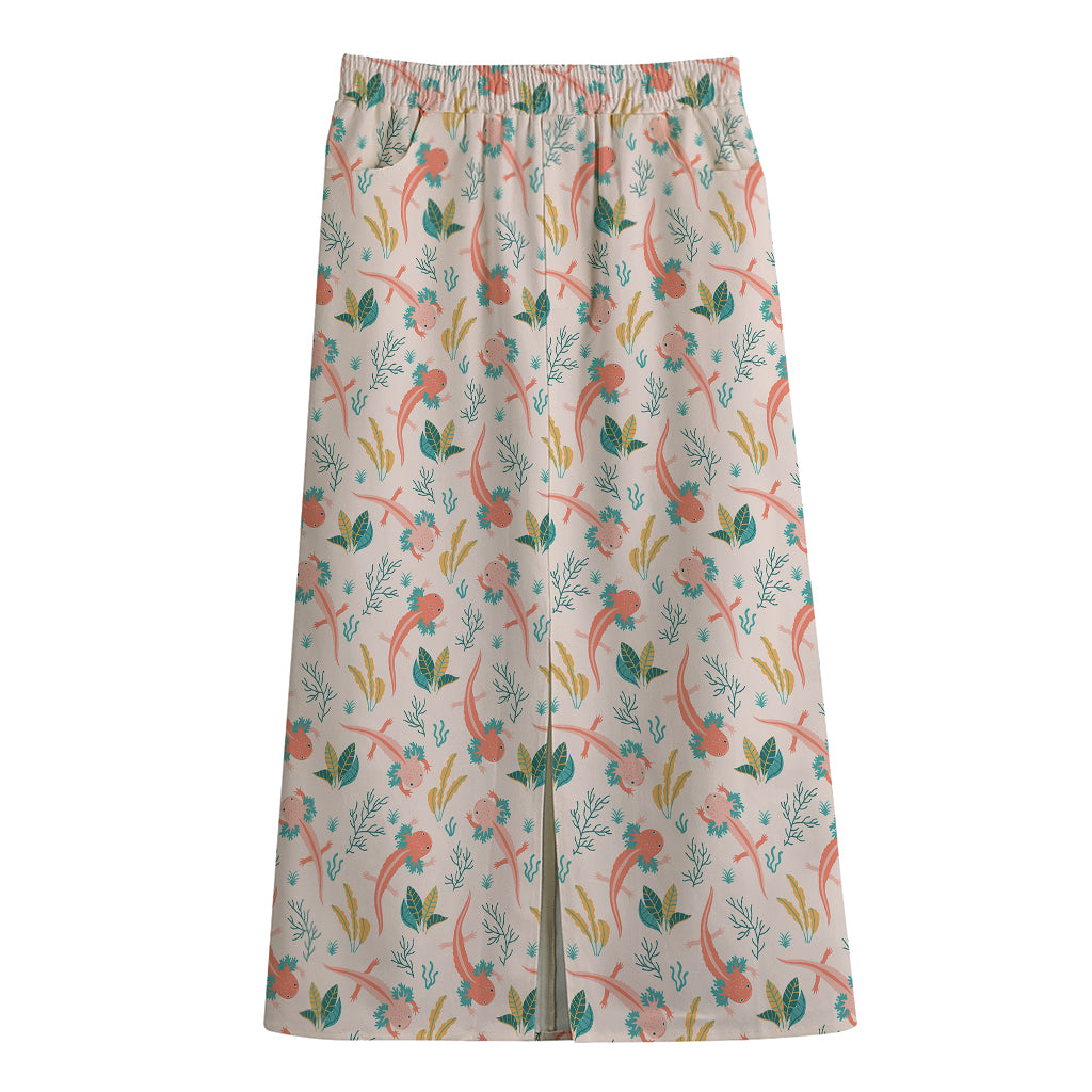 Pastel Axolotl Pattern Print Cotton Front Slit Maxi Skirt