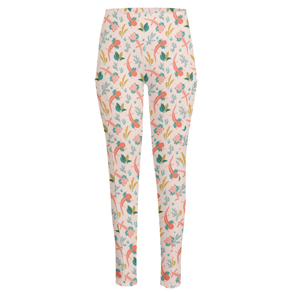 Pastel Axolotl Pattern Print High-Waisted Pocket Leggings
