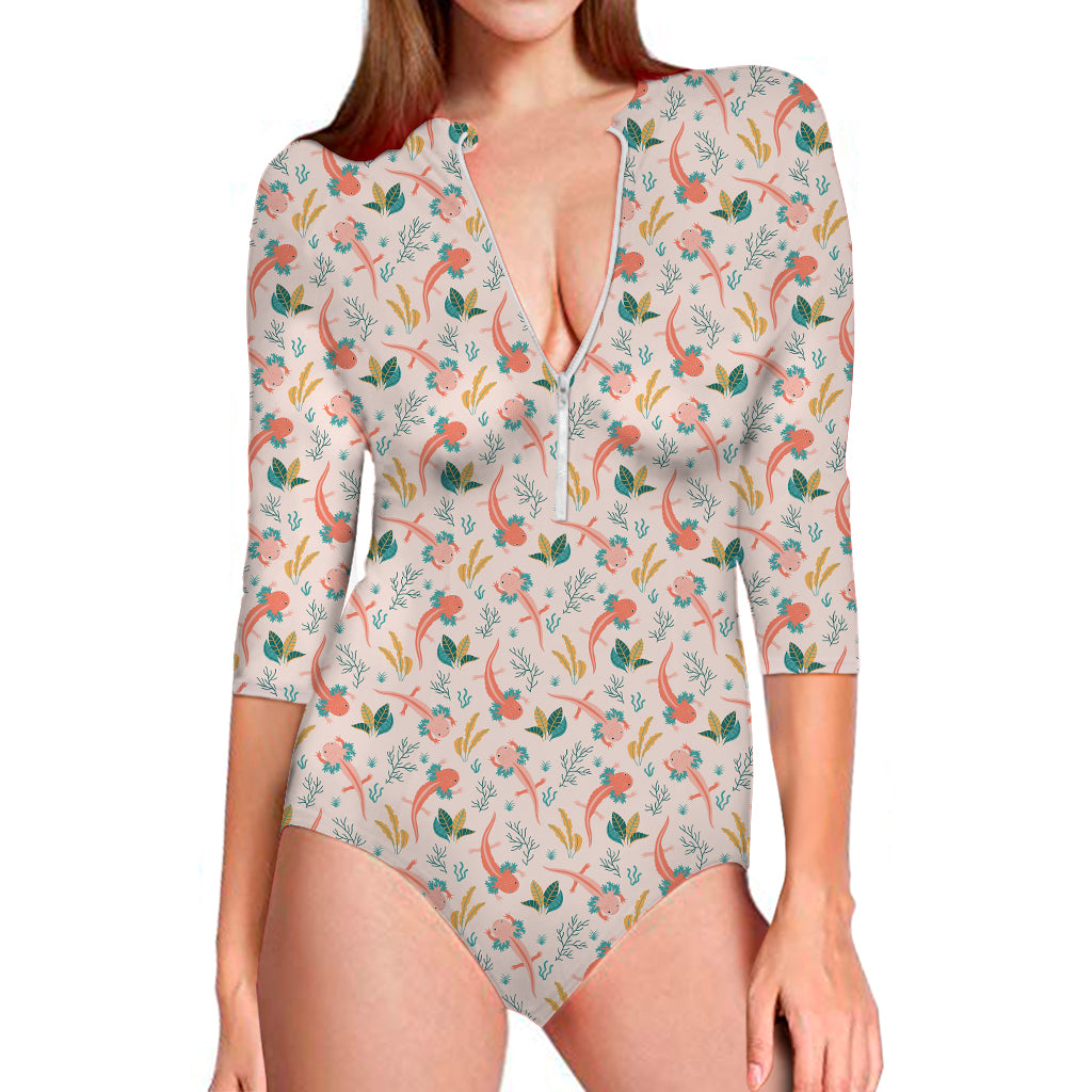 Pastel Axolotl Pattern Print Long Sleeve Swimsuit