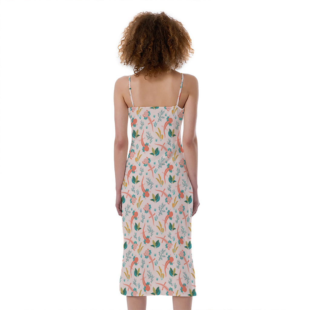 Pastel Axolotl Pattern Print Slim Fit Midi Cami Dress