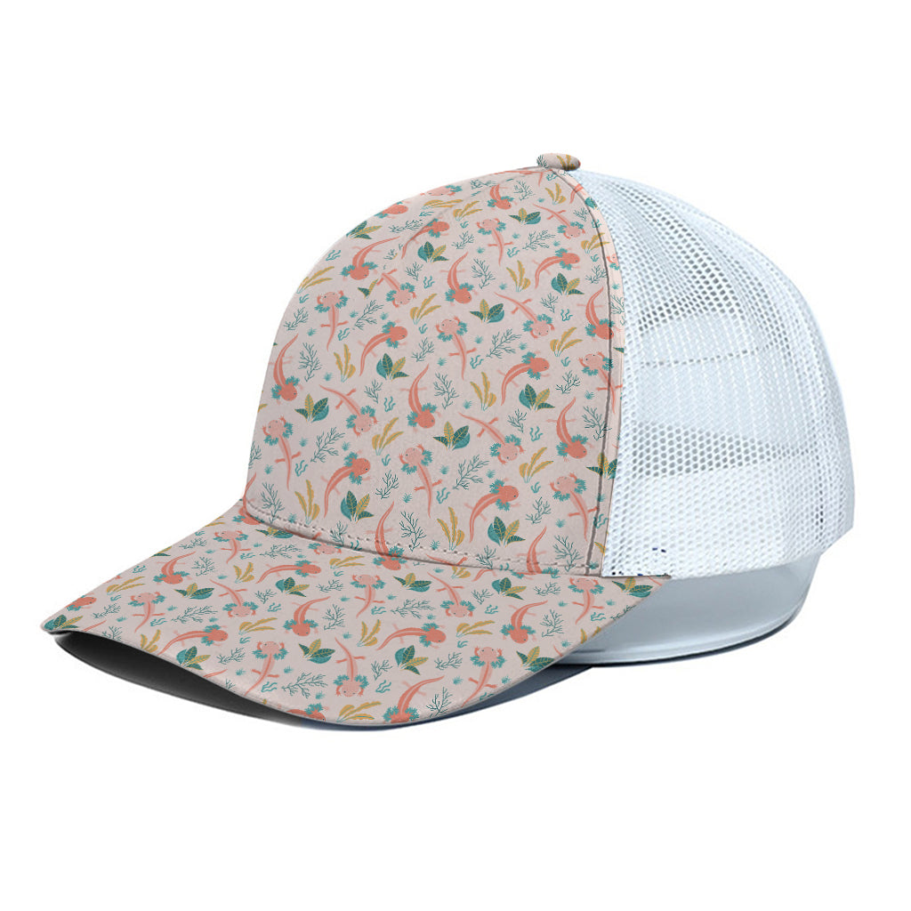 Pastel Axolotl Pattern Print White Mesh Trucker Cap