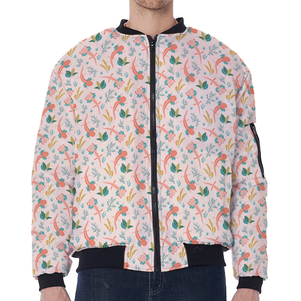 Pastel Axolotl Pattern Print Zip Sleeve Bomber Jacket