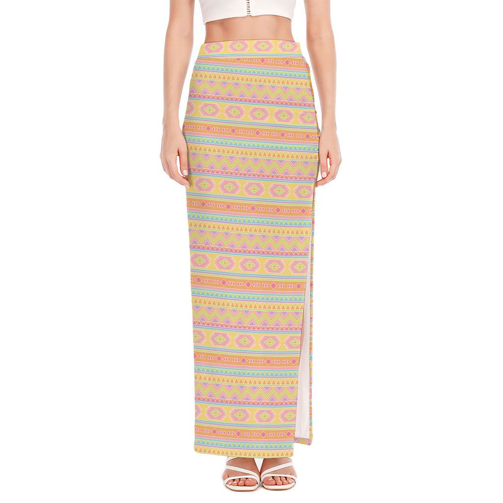 Pastel Aztec Tribal Pattern Print High Slit Maxi Skirt