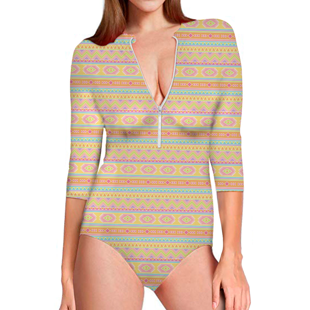 Pastel Aztec Tribal Pattern Print Long Sleeve Swimsuit