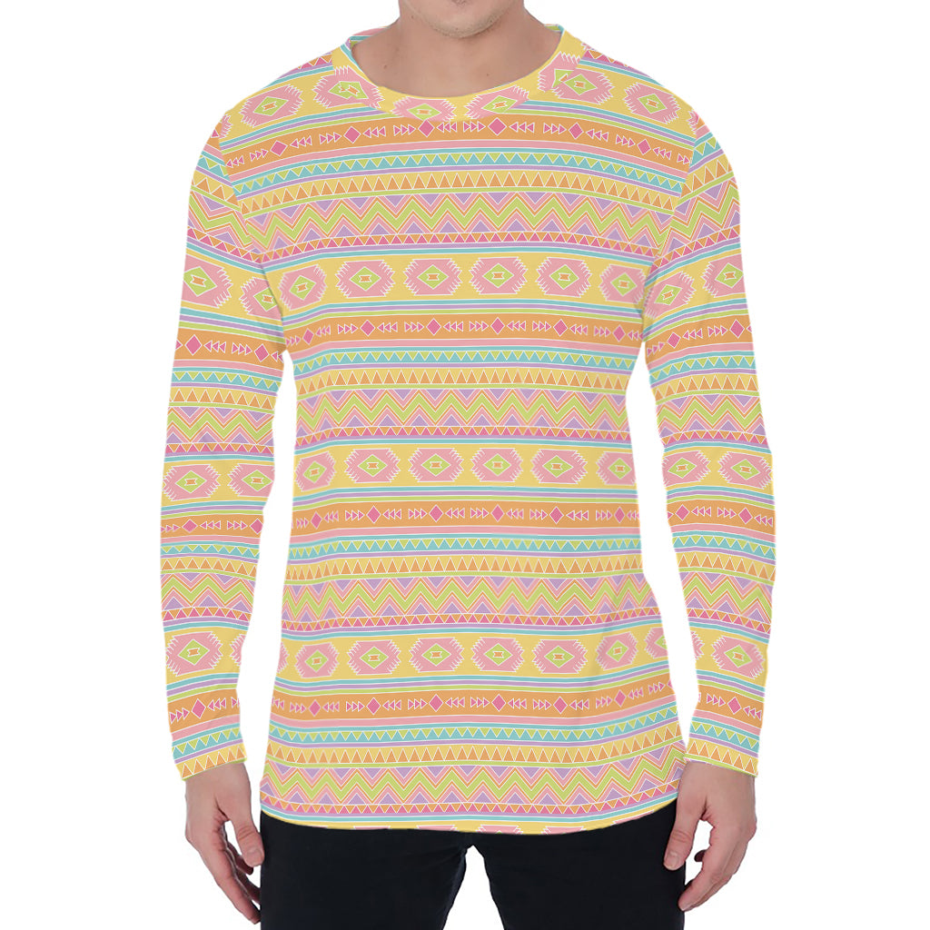 Pastel Aztec Tribal Pattern Print Men's Long Sleeve T-Shirt