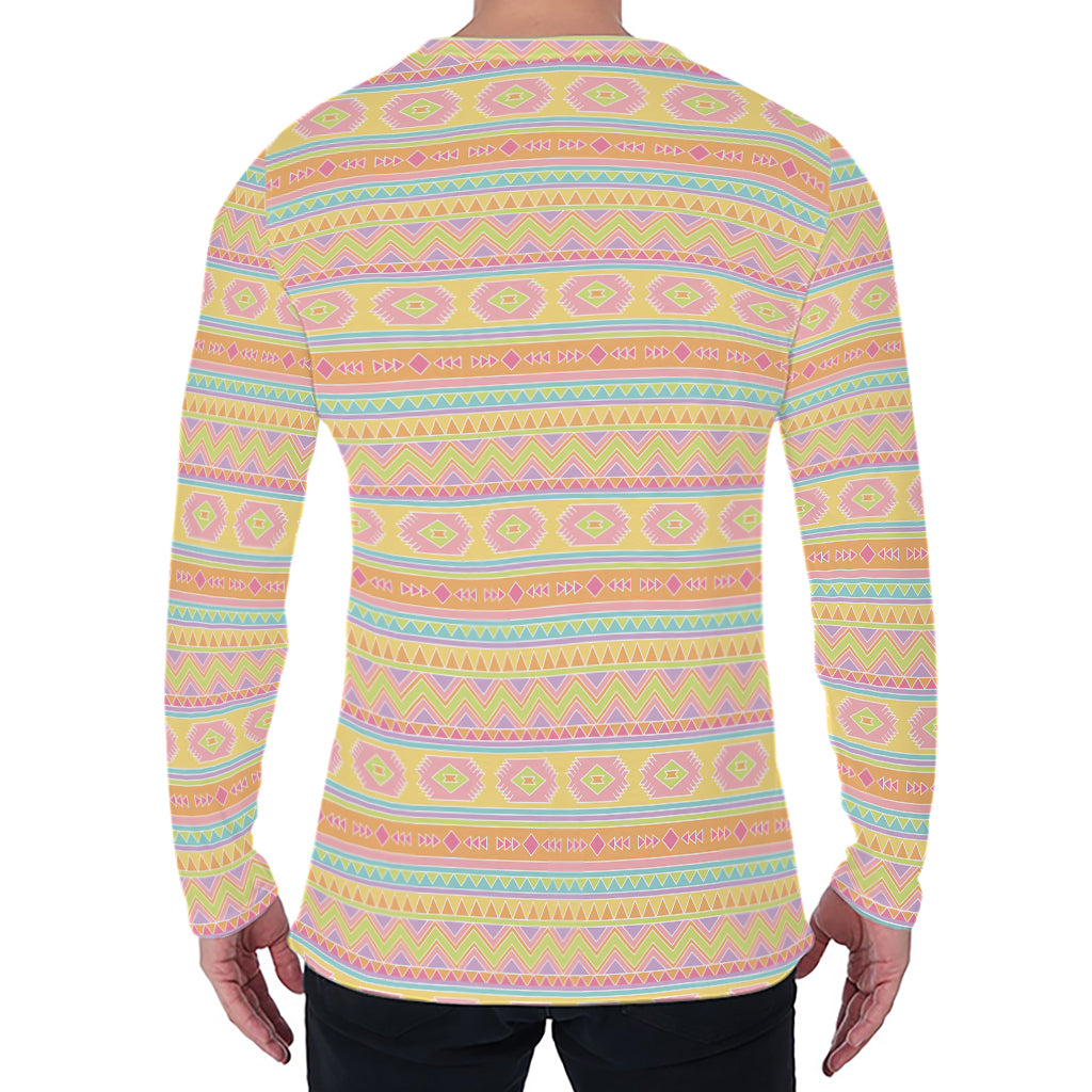 Pastel Aztec Tribal Pattern Print Men's Long Sleeve T-Shirt