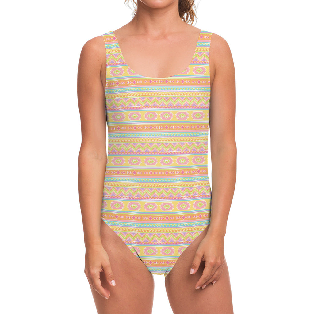 Pastel Aztec Tribal Pattern Print One Piece Swimsuit