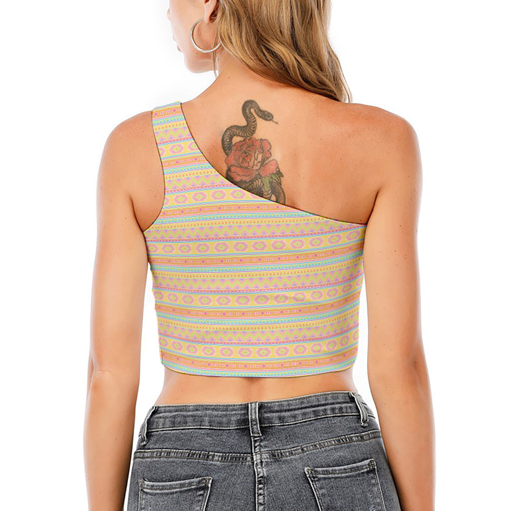 Pastel Aztec Tribal Pattern Print One Shoulder Crop Top