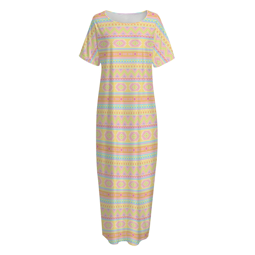 Pastel Aztec Tribal Pattern Print Short Sleeve Long Nightdress