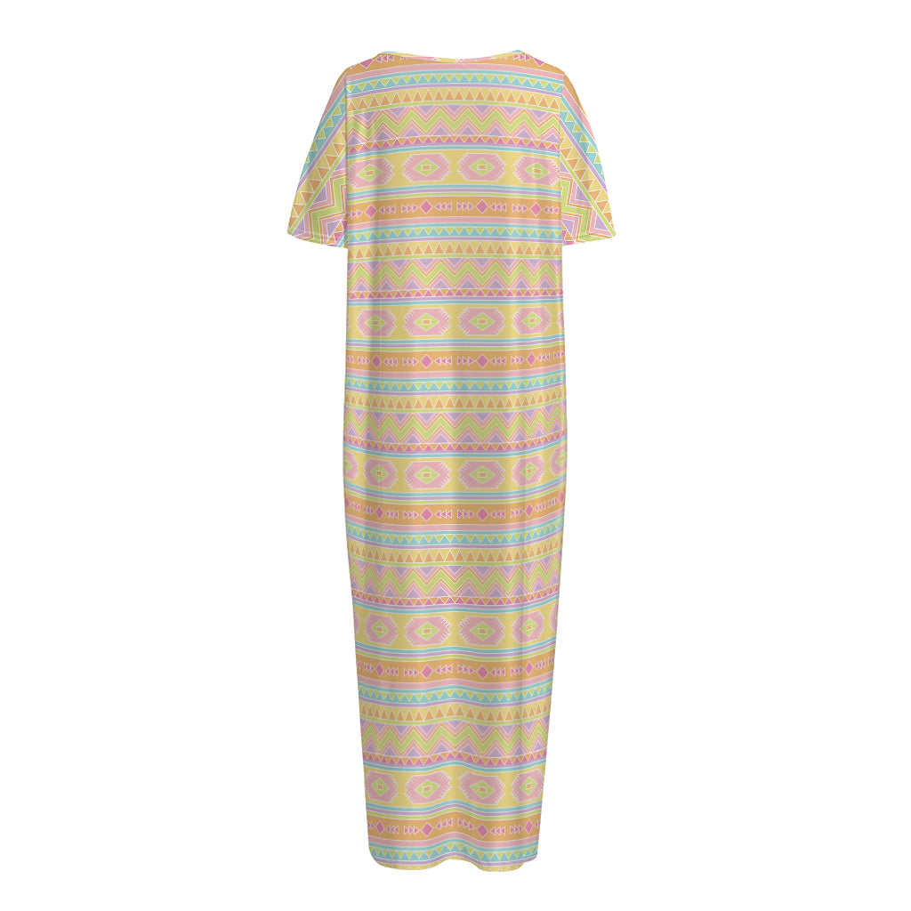 Pastel Aztec Tribal Pattern Print Short Sleeve Long Nightdress