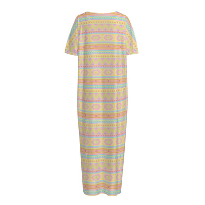 Pastel Aztec Tribal Pattern Print Short Sleeve Long Nightdress