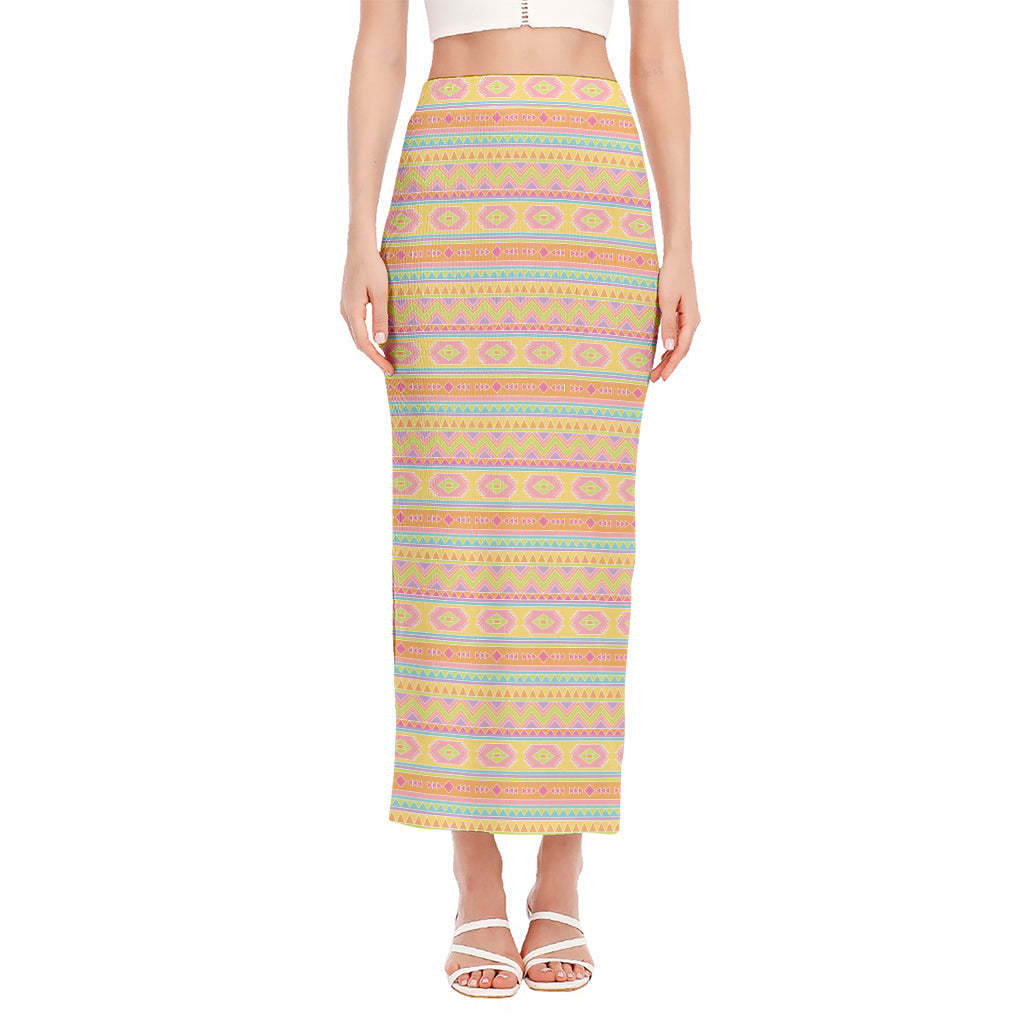 Pastel Aztec Tribal Pattern Print Side Slit Maxi Skirt