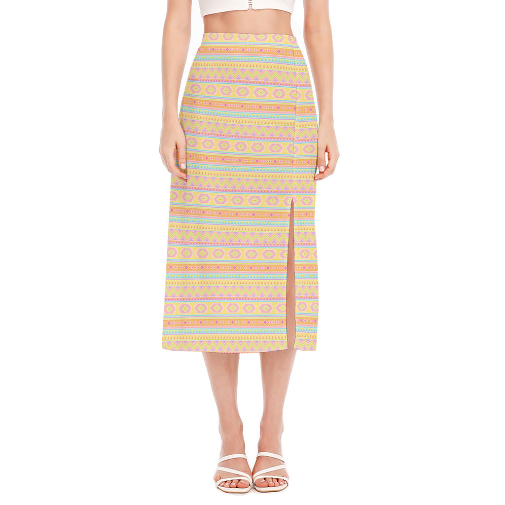 Pastel Aztec Tribal Pattern Print Side Slit Midi Skirt