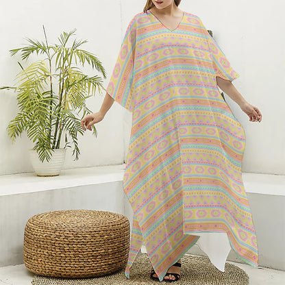 Pastel Aztec Tribal Pattern Print Silk V-Neck Kaftan Dress