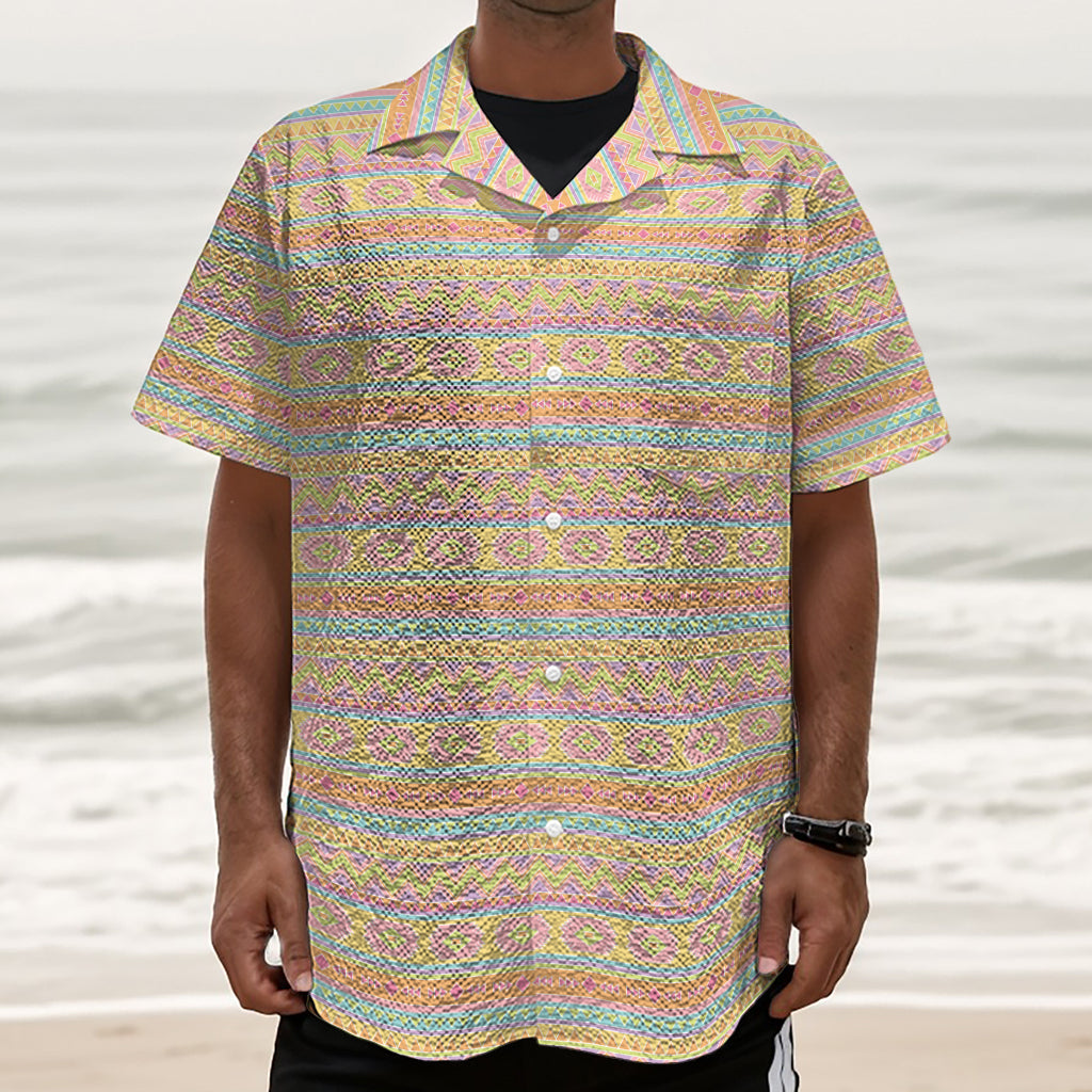 Pastel Aztec Tribal Pattern Print Textured Short Sleeve Shirt